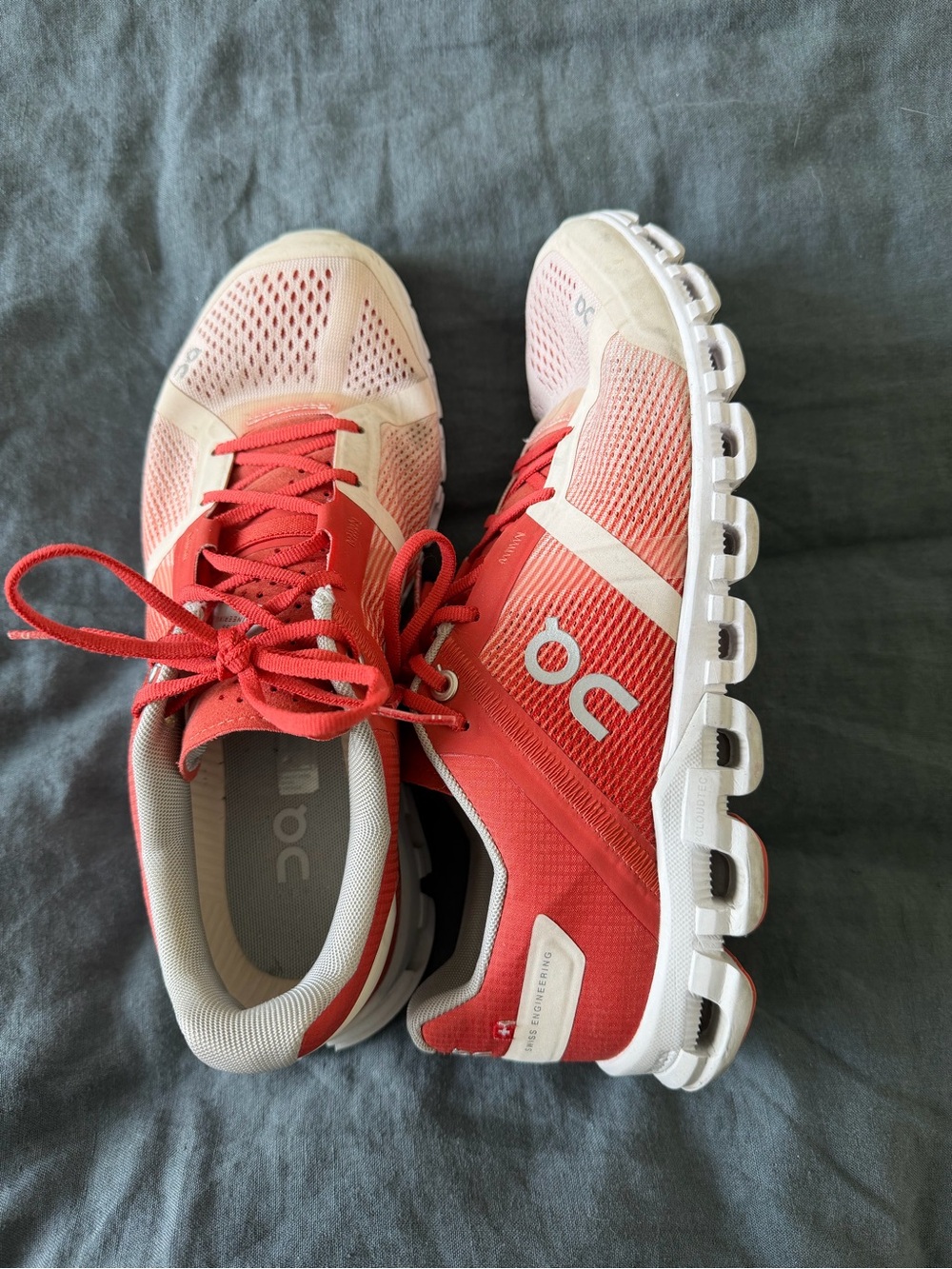 On Running Women's Red and White Athletic Running Shoes